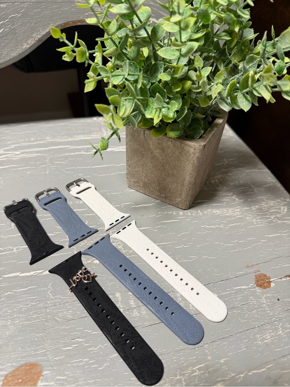 Silicone Floral Textured Apple Watch Bands - Black, Blue, White with Charm